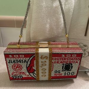 STACK OF DOLLARS RHINESTONES RED CLUTCH -  SO FUN AND SO CUTE!